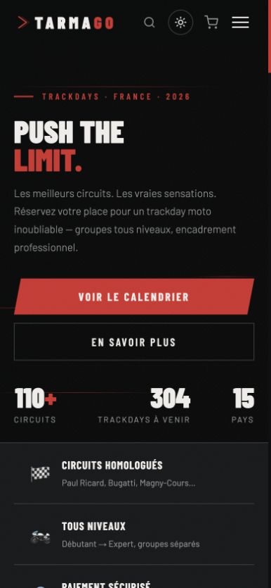 Page d’accueil de Tarmago sur mobile